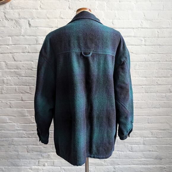 90s Vintage Green Plaid Wool Coat Utility Chore Jacket Oversize Flannel Large - Picture 3 of 9